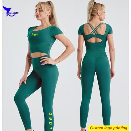 2 Pcs Quick Dry Build In Bra Running Set Women High Stretch Yoga Suit Short Sleeve GYM Shirts & Tights Training Tracksuit Custom