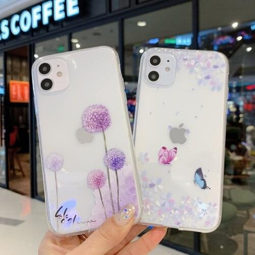 Butterfly Flowers Pattern Phone Case For iPhone 11 12 Pro Max Mini X XR XS Max 7 8 Plus Feather Clear Shockproof Soft TPU Cover