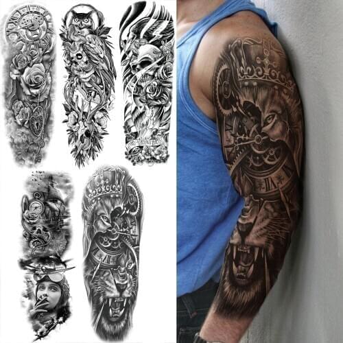 Black Compass Lion King Temporary Tattoos Sleeve Foe Men Women Skull Owl Rose Aviator Fake Tattoo Sticker Full Arm Large Tatoos