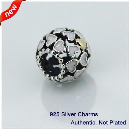 CKK 925 Sterling Silver Beads Abundance of Love with Pink Enamel Charm 14k Gold Heart Beads Fits Bracelets For Jewelry Making