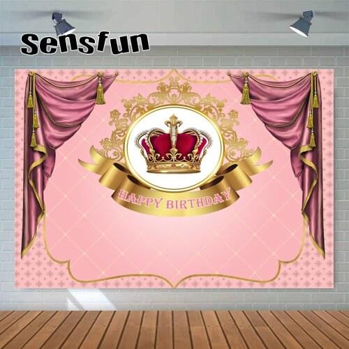 Sensfun Girl Baby Shower 1st Birthday Party Backdrop Pink Curtain Royal Crown Gold Frame Photography Background Custom Photocall