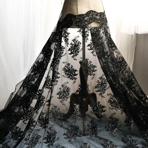 Extravagant Sequin Alencon Lace Fabric In Eyelash Trim, Black/Off White Embroidery Tulle For Cocktail Dress Or Gown 1 Yard