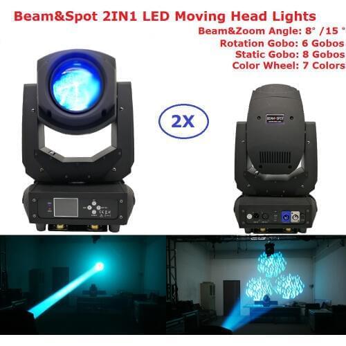 Flightcase Pack 2XLot 200W Beam Spot 2IN1 LED Moving Head Lights Rotation Triple Prism LCD Display DMX Controller 6/18 Channels