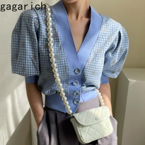 Gagarich Cardigan Woman Summer Versatile V-neck Color Contrast Single Breasted Loose Casual Plaid Floral Print Puff Sleeves Top