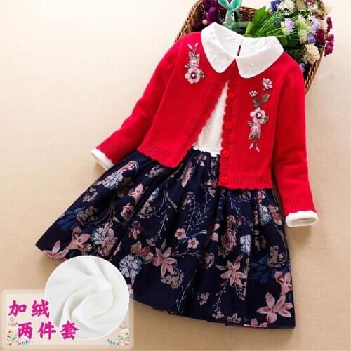 Girls Cotton Dress Plus Velve Sweater Clothing Set 2020 Autumn Winter Children Western Princess Mesh Flower Dress Clothes Set