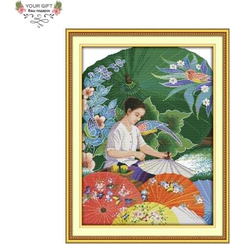 Joy Sunday Free Shipping Counted and Stamped The Girl Making The Umbrellas Embroidery Cross Stitch kits for Home Decor R679