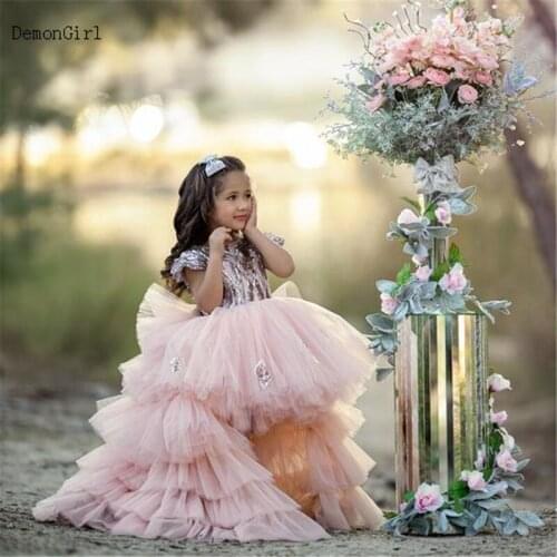 Blush Puffy Flower Girl Dress for Wedding Gold Sequined Sleeves Ruffled Layered Tulle Princess Birthday Party Pageant Gowns