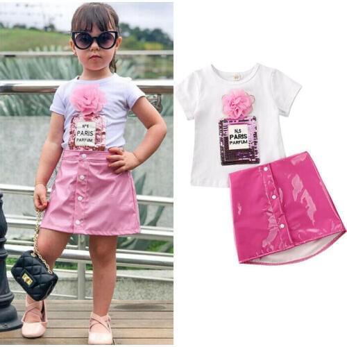 2020 Hot Toddler Baby Girls Clothes Kids 3D Flower T-Shirt Tops Pink Leather Skirts Summer Dress Outfit Set 2-7Years