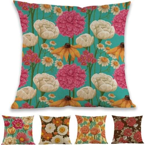 Retro Style Flowers Chrysanthemum Rose Colorful Floral Pattern Linen Pillow Case Home Sofa Chair Car Decoration Cushion Cover