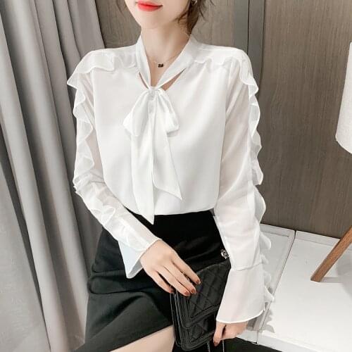 Spring Fashion Womens Chiffon Shirt Long Sleeve Top Ruffle Bow Blouse Top Blusas Plus Size Women Clothing