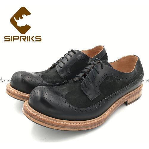 Sipriks New Style Mens Goodyear Welted Brogue Shoes Calf Leather Black Cow Suede Gents Suit Shoes Retro Classic Footwear Shoes