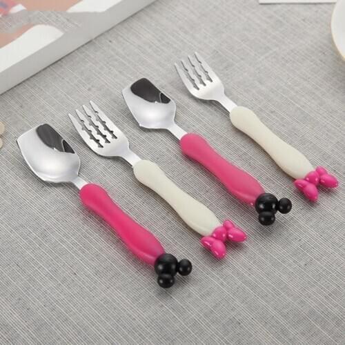 Baby Utensil Children Tableware Set Infant Food Feeding Spoon + Fork Set Mouse Cartoon Shape Toddler Dinnerware Kids Cutlery