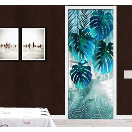 Door Mural Abstract Peacock Blue Leaves Creative Modern DIY Selfadhesive Wall Sticker Living Room Bedroom Door Sticker Wallpaper