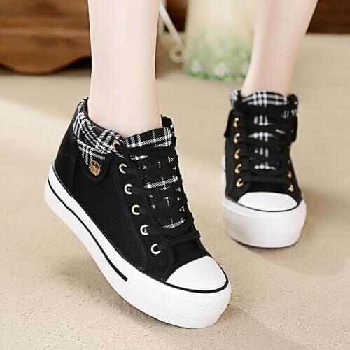 2021 autumn fashion new style canvas shoes women casual cloth shoes student grid childrens shoes thick bottom size 34-40