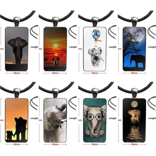 Cute Elephant Stainless Steel Color Glass Cabochon With Rectangle Shaped Pendant Choker Necklace For Women Men