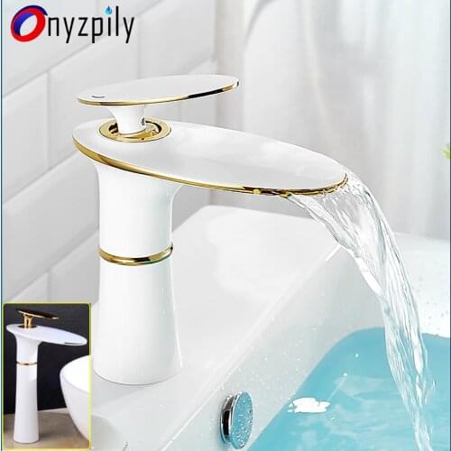 Luxry White & Golden Washroom Waterfall Basin Faucet Bathroom Hot Cold Water Mixer Value Washbasin Faucets Single Handle Taps