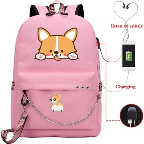Corgi Dog Print USB Backpack School Book Bags Kawaii Animal Corgi Dog Travel Bags Laptop Chain Backpack Headphone USB Port