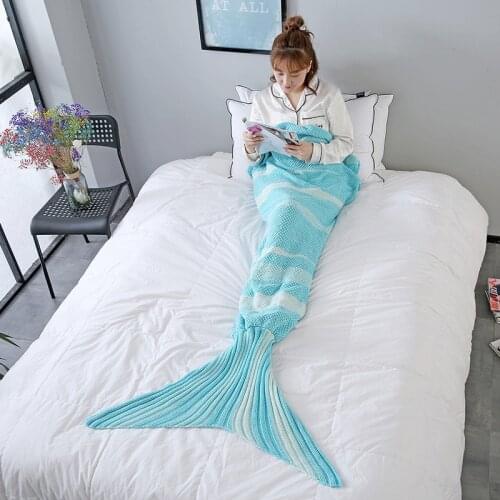 Warm Soft Multicolored Stripe Plaid Knitted Crochet Large Mermaid Blanket Sleep Tail For Adults Kids Girls Women With Feet