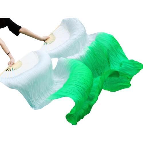 100% Silk Fans Handmade Dyed High Quality Silk Dance Long Fan 1Pair Left+Right Hand Belly Dance Fans Gradient White+Green 5 Size