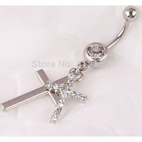 Free Shipping Navel jewelry Crystal belly ring Navel Ring Button Bar Navel Double Cross Dangle Belly Button Navel Ring