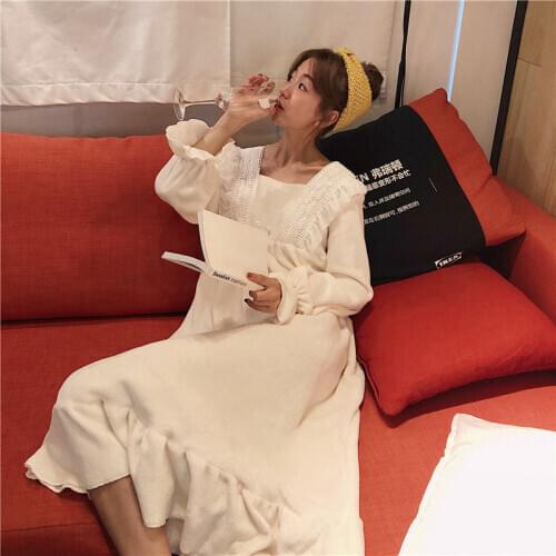 SOUGEN Womens sleepwear Flannel Autumn Nightgowns Korean Style Women Sleepwear Polo Neck Pijama Mujer Sweet Mid-calf Length