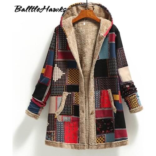 Women Parkas Winter Warm Coat Print Hooded Jacket Flower Print Hoody Vintage Oversized Coats Winter Padded Jacket