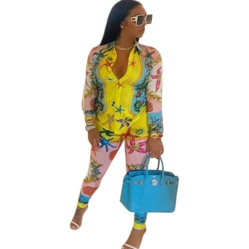 2 Piece Set Spring Autumn Women Sexy Print Long Sleeve Shirt Blouse Top And Pants Sets Outfits Fashion Vintage Matching Sets New