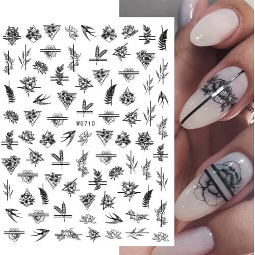 1 Sheet Black Flowers Lines 3D Nail Sticker Geometric Leaves Heart Self Adhesive Nail Art Decals Manicures Sliders Foils
