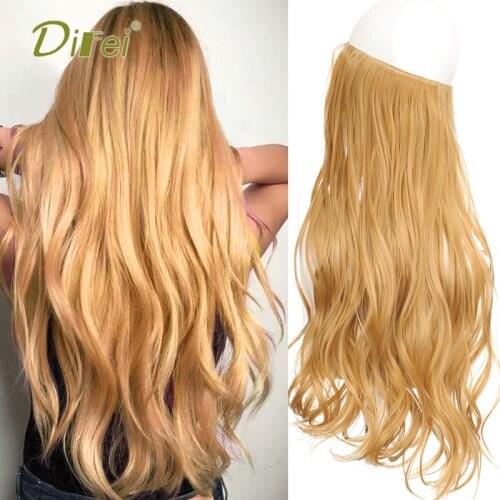 DIFEI 60CM Long Wavy Synthetic No Clip Gold Wig Invisible Line Wig Extension Heat-resistant Wig For Women Daily Wear