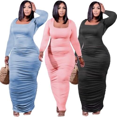 Elegant Solid Shirring Long Dress for Women 2021 New Autumn Winter Casual O Neck Long Sleeve Ruched Bodycon Dress Robe Lounge