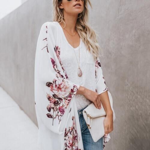 Cardigan Women Summer Beach Flower Print Long Sleeve Open Front Chiffon Kimono Cardigan Women Casual Cardigan Women Beach Jacket