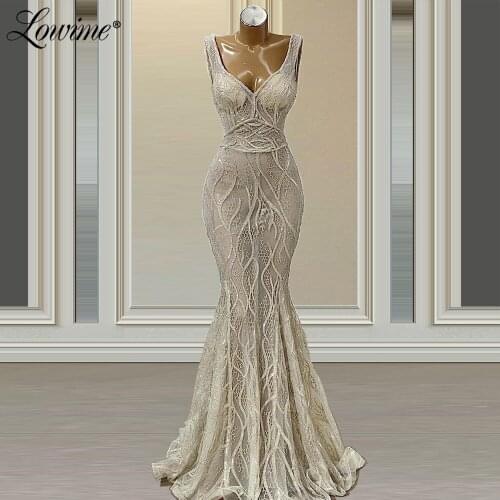 Lowime 2021 New Arrival Beading Evening Dresses Slim Mermaid Vestidos De Noche Formal V Neck Wedding Party Gowns Robe De Soiree