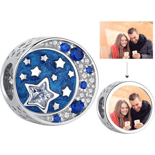 Trendy 925 Sterling Silver Blue Clear Cubic Zirconia Starry Moon Star Custom Photo Beads fit Charm Bracelet Necklace Jewelry