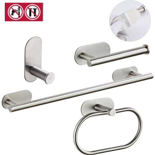 Bathroom Accessories Set 3M Self Adhesive Stainless Steel Brushed Finish Towel Bar Robe Hooks Towel Ring Toilet Paper Holder