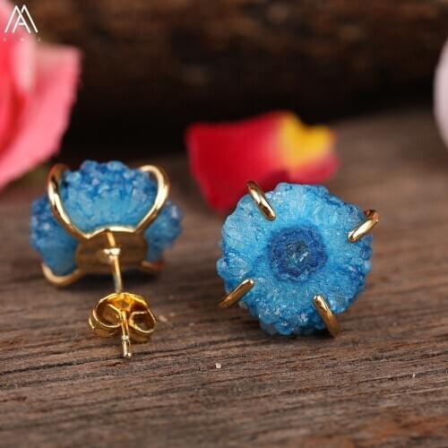 Natural Druzy Agates Sun Flower Gold Stud Earrings Fashion Women Druzy Stone Earstuds Earrings Jewelry HS-54AMAC