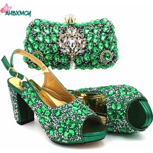 2020 Fashionable New Coming Italian Women Shoes and Bag to Match in Green Color Comfortable Heels African Ladies Shoes and Bag