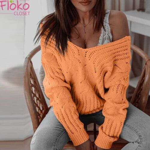 Flokocloset Casual V-Necks Off Shoulder Knitted Cashmere Sweater Fashion Solid Oversized Pullovers Streetwear Jumpers