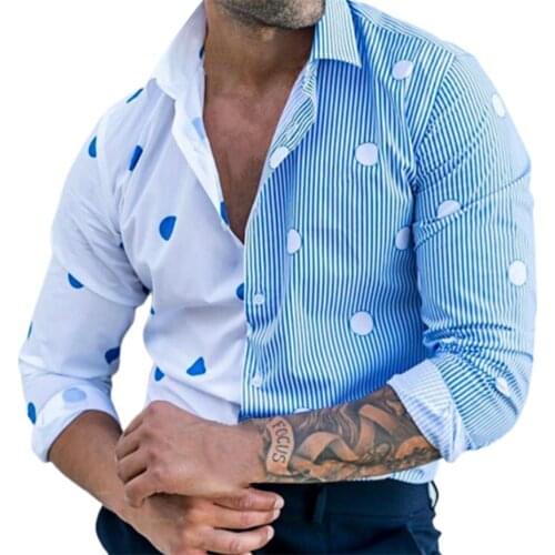 Occident Shirt for Men Fashion Polka Dot Stripe Print Single-breasted Turn-down Collar Male Top Shirts Spring 2021
