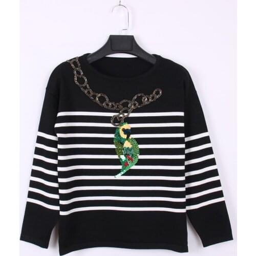 2021 Sweater Vintage Women Spring Autumn Knitted Tops O-Neck Pullover Bird Beading Jumper Striped Jersey Casual Womens Clothing