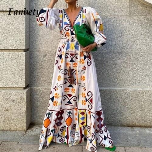 Vintage Printed Ruffle Party Maxi Dress Women Elegant V Neck Lace-Up Tassel Long Dress Spring Fashion Lantern Sleeve Beach Dress
