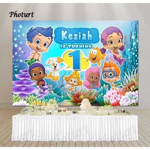 PHOTURT Bubble Guppies Backdrop Baby Shower Birthday Party Photo Background Under Sea Shark Vinyl Photography Decoration Props