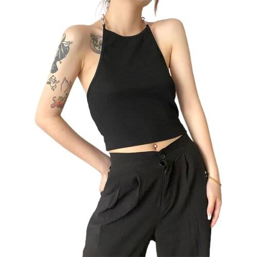 Women Sexy Metal Chain Bandage Halter Tank Top Streetwear Sleeveless Backless Crop Top Club 2021 Fashion Camisole Tops