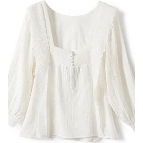 2021 Spring Retro Lace Edge Shirt White Linen Cotton Puff Sleeve Shirt Fashion Women