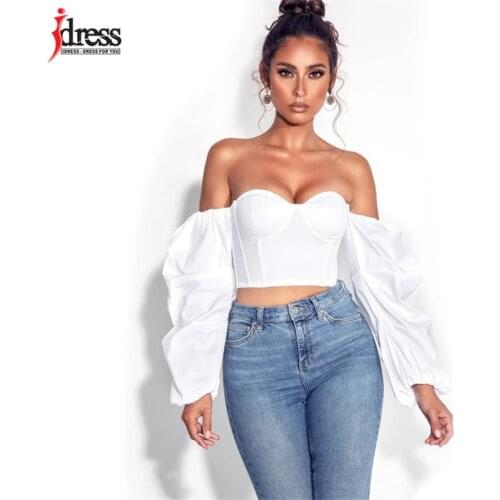IDress Off Shoulder Long Sleeve Shirt Women Puff Sleeve Slash Neck Crop Tops Solid Cropped Top T Shirt Club Party Clothes 2021