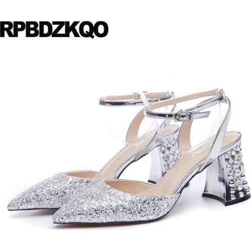 Crystal Block Ankle Strap Silver Designer Sandals Women Luxury 2018 Sequin High Heels Pumps Diamond Glitter Bling Shoes Pointed