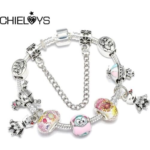 CHIELOYS New Trendy Pink Crystal Bead Brand Charm Bracelet With Safety Chain Bracelet & Bangle for Women DIY Jewelry