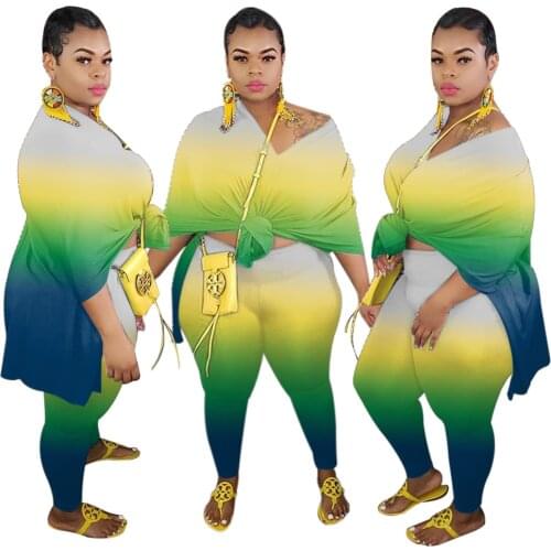 S-5XL Plus Size Women 2 PCS Sets Patchwork Printed Poker Loose X-long Top + Skinny Long Pants V-neck Gradient Women Fall Outfit