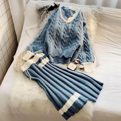 New 2 Piece Set Womens Skirts V-neck Fashion Casual Knitted Sweater Pullover And Pleated Loose Skirts Lady Elegant Suits f1505