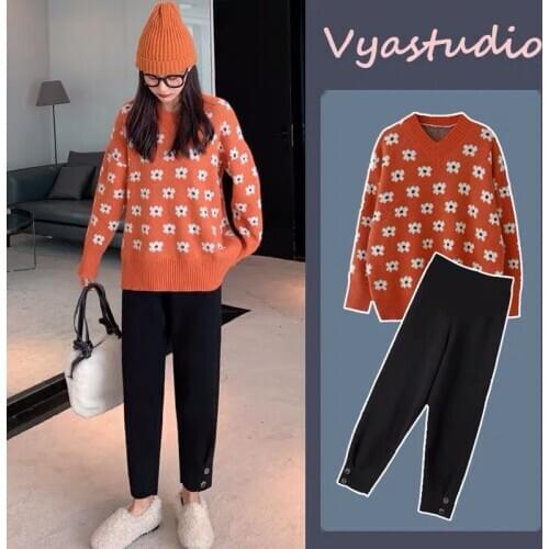 Womens Autumn and Winter New Pullover Loose-fitting Slimming Sweater Autumn and Winter Western Style Two-piece Suit
