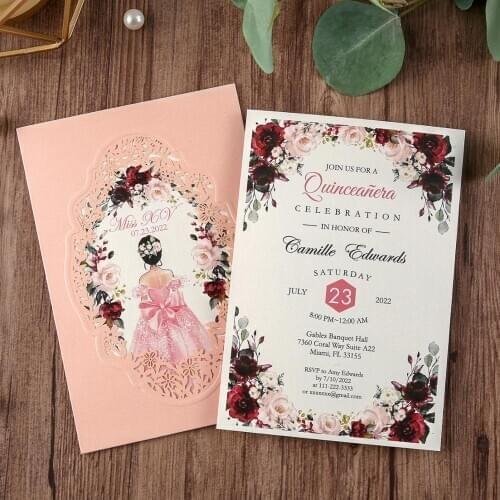 1pcs Pink Navy Blue Gold Burgundy Vertical laser cut Universal Engagement Anniversary party wedding invitation